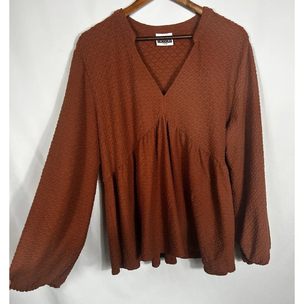 Y2K Babydoll Tunic Top Size XL Boho Peasant Puff Sleeve Burnt Orange Waffle Knit